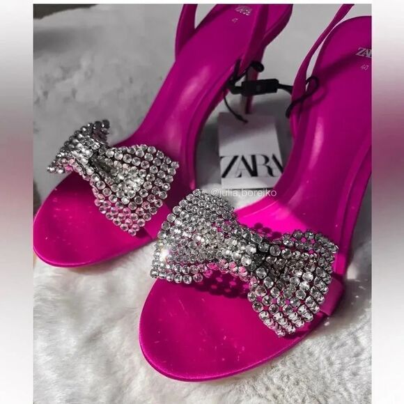 ZARA EMBELLISHED BOW HIGH HEELED SANDALS Barbiecore Barbie Core - Picture 2 of 15